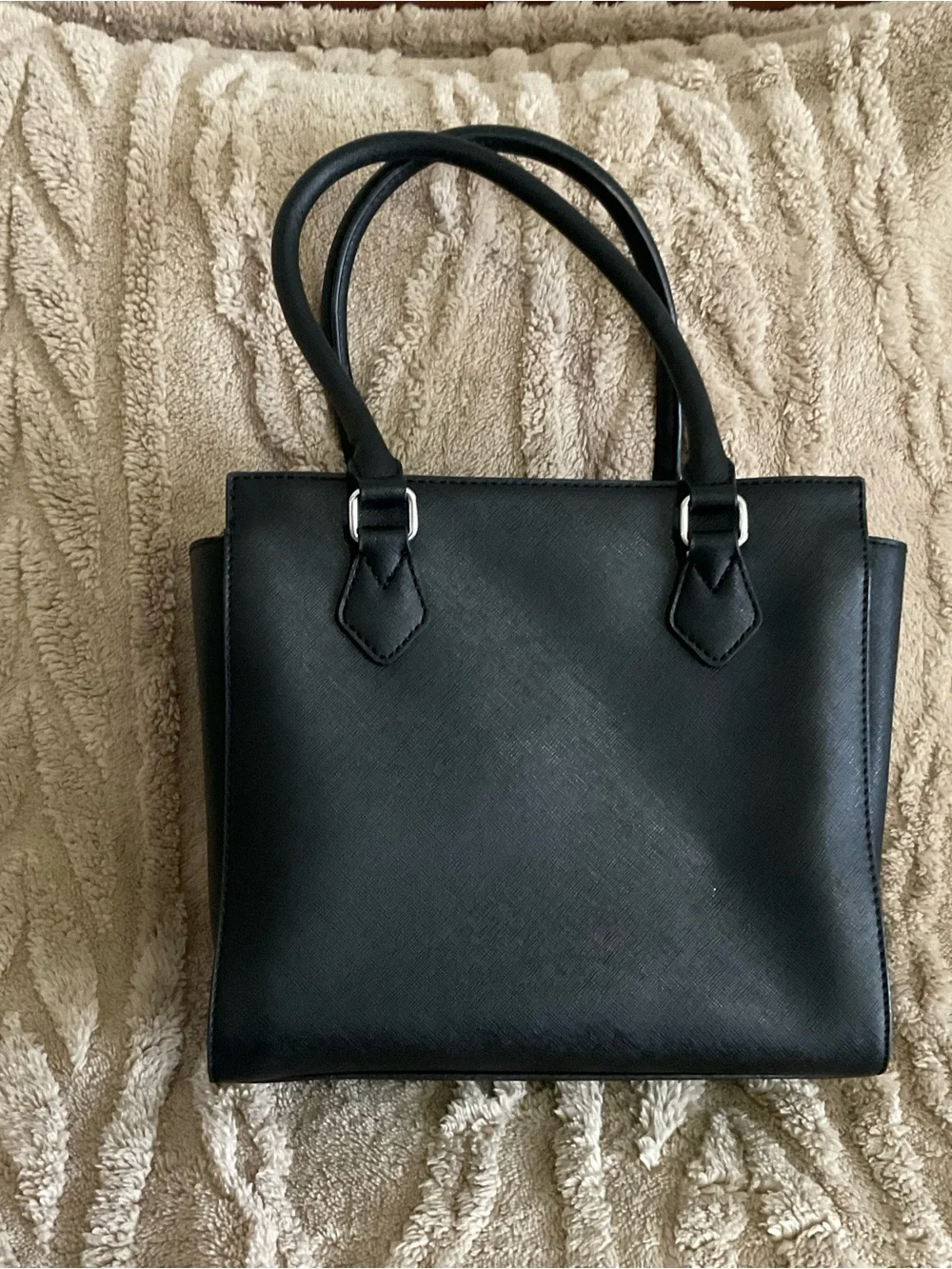 Guess Black Saffiano-Style Satchel with Logo Charm